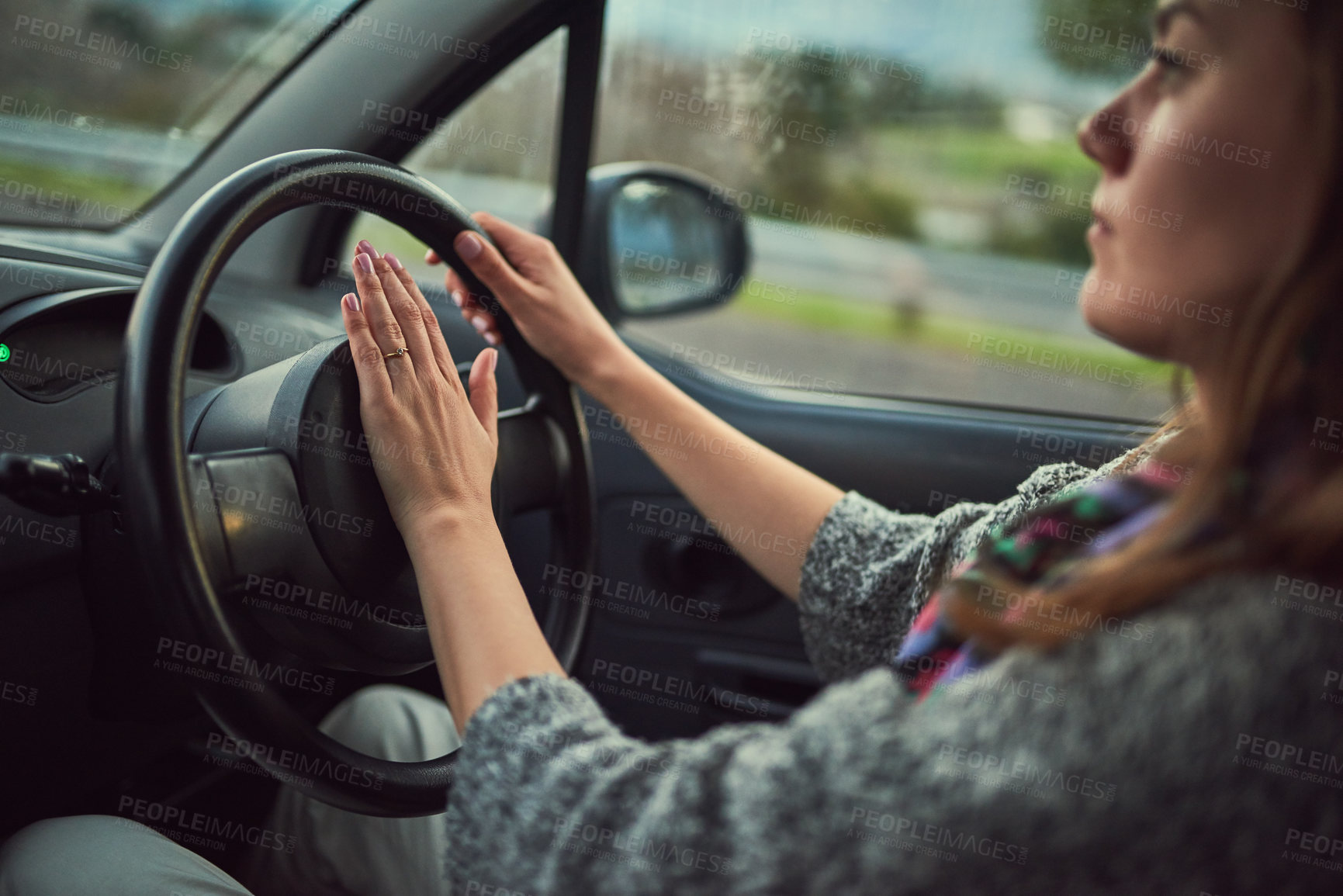 Buy stock photo Woman, car and driving with honk on road for alert, emergency or traffic in travel, trip or transport. Female person hooting in vehicle with steering wheel for sound, horn or beep for incoming speed