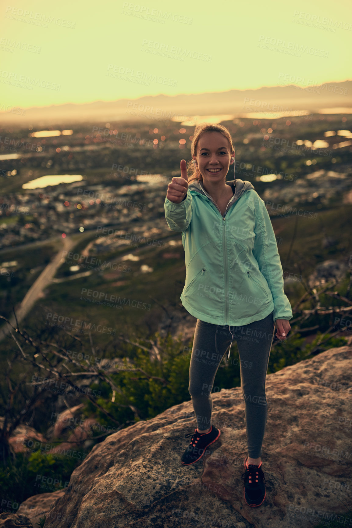 Buy stock photo Happy woman, portrait and hiker with thumbs up on mountain for fitness, vote or review in nature. Active or young female person with smile, like emoji or yes sign for OK, hiking or outdoor trekking