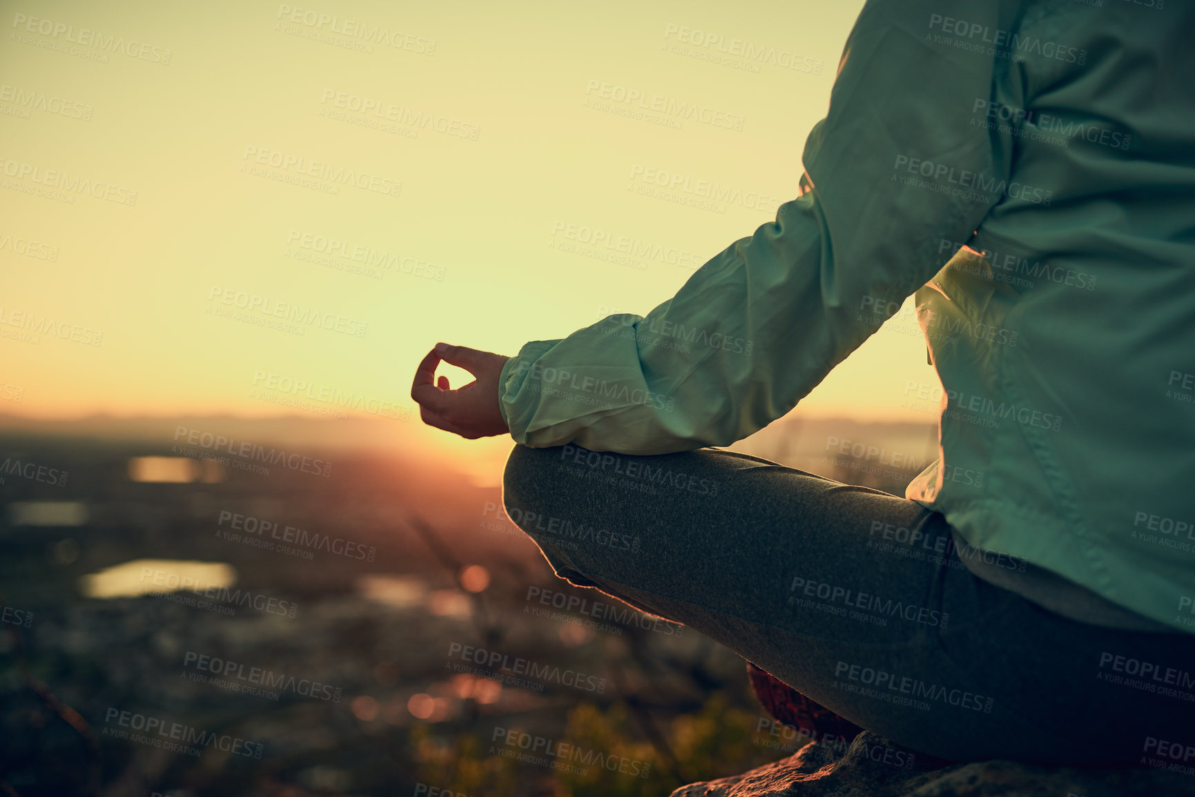 Buy stock photo Hands, meditation and lotus on mountain in nature with lens flare for zen, yoga and fitness with sunrise. Yogi, pilates and woman with outdoor for exercise, posture and balance with mockup space