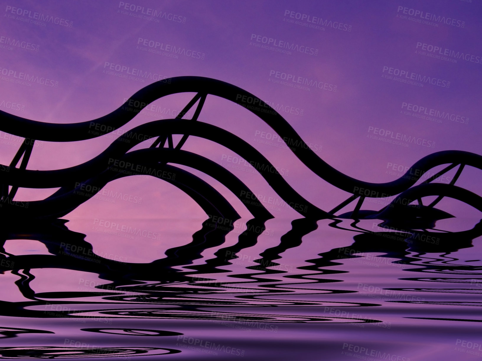 Buy stock photo 3D, silhouette and VFX of purple fantasy vaporwave aesthetic horizon with calm water, ocean or lake. Color, reflection and mystical night landscape of a pool with steel pipes for zen background