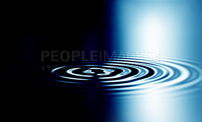 Buy stock photo Wallpaper, 3D liquid ripples or graphics of blue circular waves with a metallic reflection on the surface. Texture, effect and art deco of movement in a futuristic pool or smooth zen water background