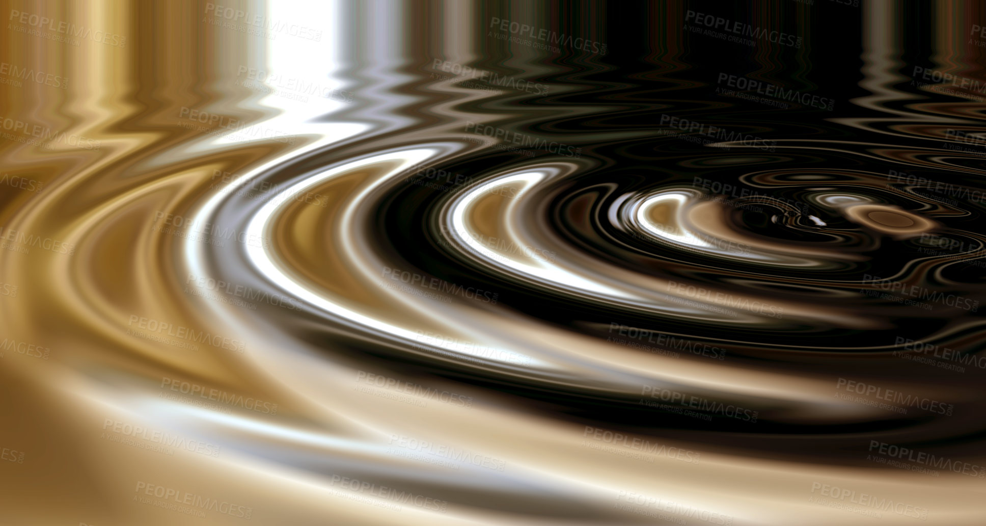 Buy stock photo 3D wallpaper of liquid ripples or silver shiny circular lines with a metallic reflection on the surface. Texture, effect and artistic pattern of movement in a chrome pool with glowing zen water 