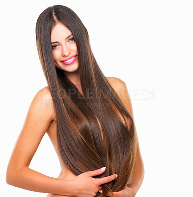 Buy stock photo Portrait of sexy young woman with long hair covering her body on white background