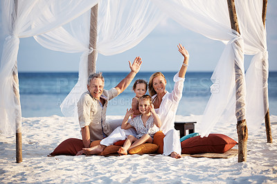 Buy stock photo Portrait, wave and family with vacation, beach and relax with adventure, travel and tourism. Face, parents and mother with father, children and seaside holiday with gesture, tent and summer break