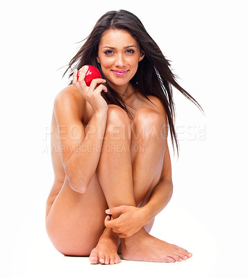 Buy stock photo Happy young nude woman holding an apple, isolated on white background