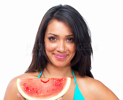 Buy stock photo Happy woman, face and portrait with watermelon for healthy nutrition against a white studio background. Isolated young female person or model smiling with juicy fruit for food, diet or weight loss