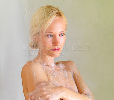 Buy stock photo Soap, relax and shower with woman in bathroom of hotel for cleaning, wellness and hygiene on spa vacation. Hydration, water and washing with girl in villa resort for beauty, skincare and hospitality