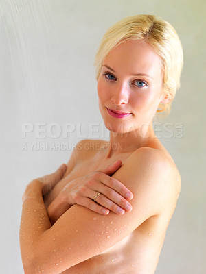 Buy stock photo Relax, shower and portrait of woman in bathroom of hotel for cleaning, wellness or hygiene on spa vacation. Hydration, water and washing with girl in villa resort for beauty, skincare and hospitality