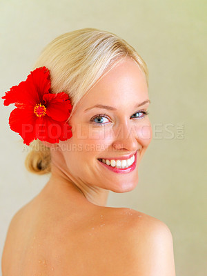 Buy stock photo Beauty, portrait and woman with flower in hair, natural makeup and spa treatment for skincare wellness. Nature, happiness and floral hairstyle, face of model with smile and relax with salon cosmetics