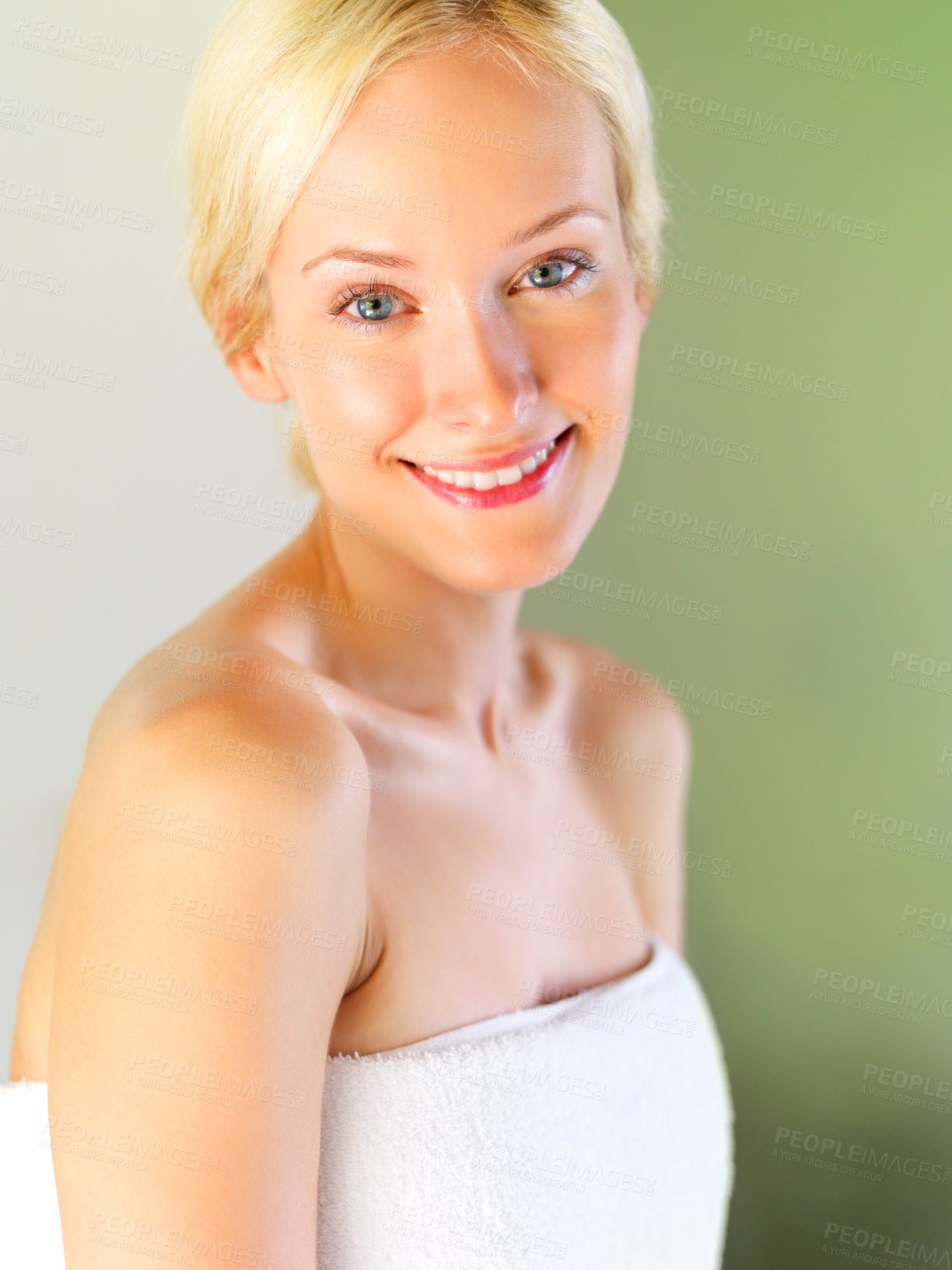 Buy stock photo Skincare, beauty and portrait of woman in bathroom for shower, cleaning and hygiene. Wellness, luxury and cosmetology with face of girl and towel for dermatology, cosmetics and facial at home