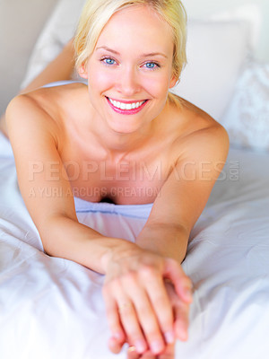 Buy stock photo Relax, bikini and portrait of woman on bed at hotel for holiday, summer break and tropical Bali vacation. Villa, resort and spa with girl lounge in bedroom for wellness, travel and luxury on trip