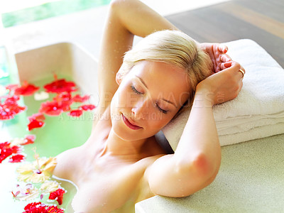 Buy stock photo Relax, spa and flowers with woman in bath for skincare, aromatherapy or tropical vacation in Bali villa. Summer, beauty and luxury with girl in hot tub for hotel, resort and exotic travel destination