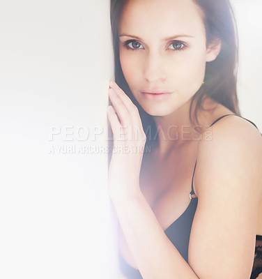 Buy stock photo Hazy image of a sensual woman gazing seductively at you - copyspace