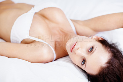 Buy stock photo Woman, bedroom portrait and lingerie on body while on bed for beauty, fashion and sexuality. Sexy female underwear model at a hotel for desire, seduction and self love for art deco and confidence