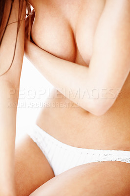 Buy stock photo Sexy, beauty and arms on boobs of woman for sensual, cleavage and temptation. Nude, naked and temptation with breast of girl for attractive, flirting and desire isolated on white background 