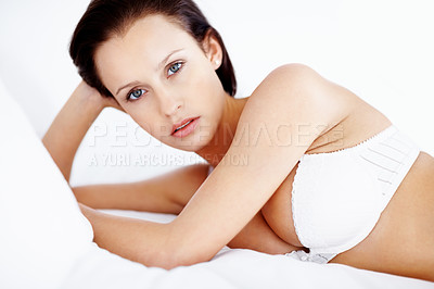 Buy stock photo Lingerie portrait, sexy woman and body in a bra while in her bedroom for beauty, fashion and sexuality. Sexy female model in a house or hotel for desire, underwear and self love for art deco