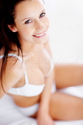 Buy stock photo Woman, portrait and luxury lingerie with a smile while in bedroom for beauty, fashion and style. Sexy female underwear model in a house or hotel for desire, seduction and self love for art deco