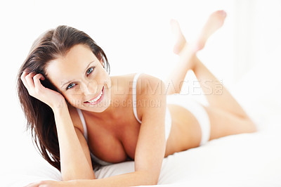 Buy stock photo Lingerie, portrait and happy woman on a bed with a smile while in her bedroom for beauty, fashion and style. Sexy female underwear model in a house or hotel with desire and self love for art deco