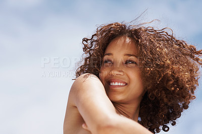 Buy stock photo Happy, relax and topless with woman at beach for sunbathing, summer break and freedom in Bali. Smile, blue sky and tropical with female person on vacation trip for mockup, peace and beauty