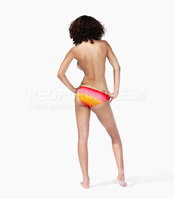 Buy stock photo Black woman, rear view and bikini for in studio for summer, vacation and fun while posing on white background space. Model, swimwear and back of girl standing confident, proud and cool while isolated