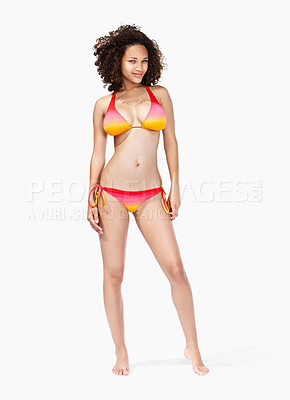 Buy stock photo Portrait, black woman and bikini in studio for summer, vacation and fun while posing on white background space. Model, swimwear and girl from Jamaica standing confident, proud and cool isolated