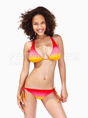 Buy stock photo Happy woman, portrait and bikini for swimming or summer fashion against a white studio background. Attractive or gorgeous female person smile with curly hair, bra and panty for swimwear on mockup