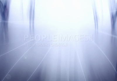 Buy stock photo People, motion blur and dark abstract creative background movement, dreaming or conceptual sunlight. Body crowd, walk movement and hurry in city for design shine or glow light art, bright or figment