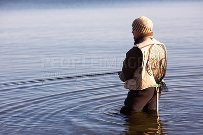 Buy stock photo Nature, peace and fishing with man in lake for summer break, hobby and relax on vacation. Sports, casting and gear with fisherman standing in freshwater pond for holiday, recreation and calm