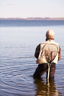 Buy stock photo Nature, peace and fishing with man in lake for summer break, hobby and relax on vacation. Sports, casting and gear with fisherman standing in freshwater pond for holiday, recreation and calm