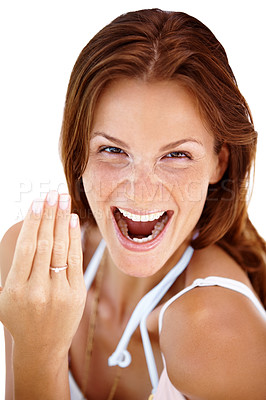 Buy stock photo Portrait of pretty excited young woman showing her engagement ring