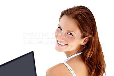 Buy stock photo Portrait of beautiful young lady smiling with notebook
