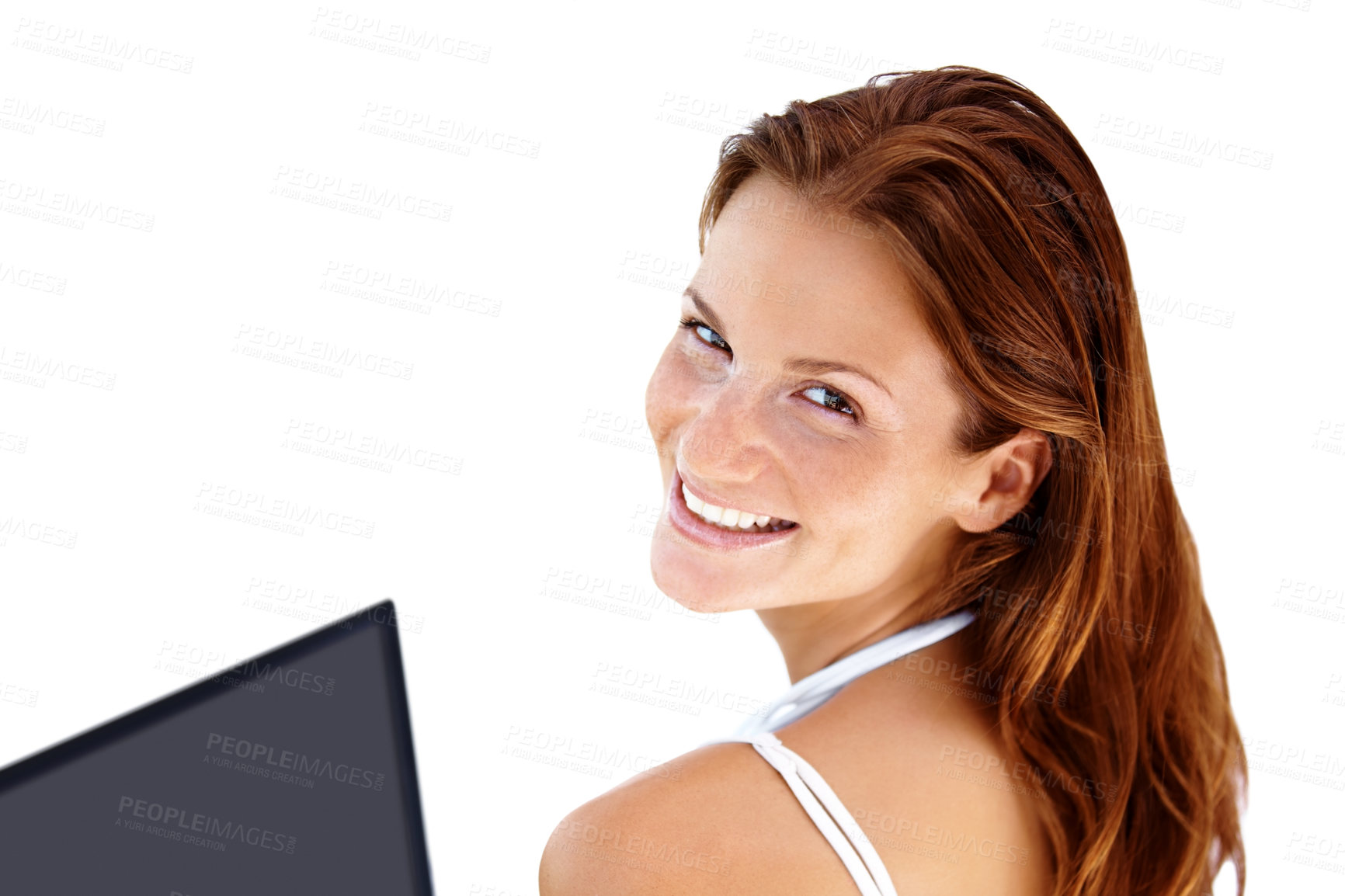 Buy stock photo Portrait of beautiful young lady smiling with notebook
