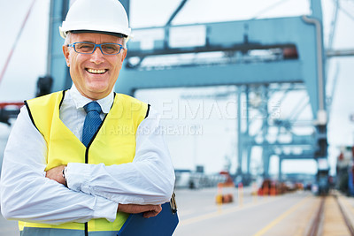 Buy stock photo Happy portrait, logistics or shipping manager smile on port with container, cargo or plant in the background. Manufacturing, supply chain or freight leader in the industrial delivery business success