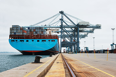 Buy stock photo Cargo, ship and shipping for global delivery of manufacturing goods and services. Industrial harbor boat with containers for export, import and transport of stock for retail storage and distribution.