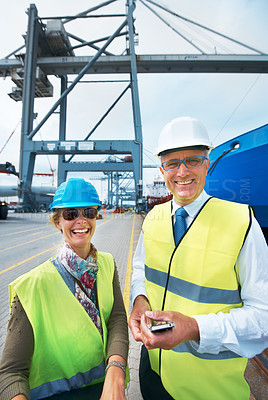 Buy stock photo Logistics, supply chain and ship engineer or workers on the dock smiling while working in delivery industry. Cargo and shipping Portrait of happy and smiling stock managers working in export business