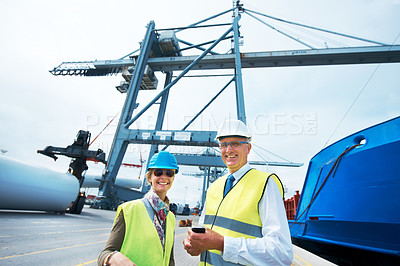 Buy stock photo Shipping people, stock container and portrait of management happy with courier service and delivery. Cargo industry woman and man motivated for efficiency in  teamwork for transportation logistics.