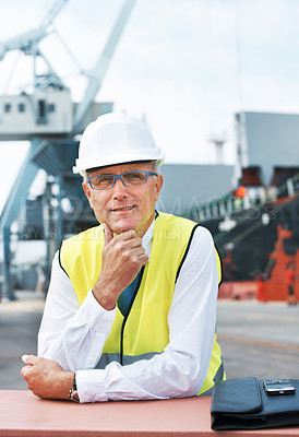 Buy stock photo Happy portrait, logistics and shipping man or manager smile on port with container, cargo or construction site. Manufacturing, supply chain or freight senior leader or person for industrial business