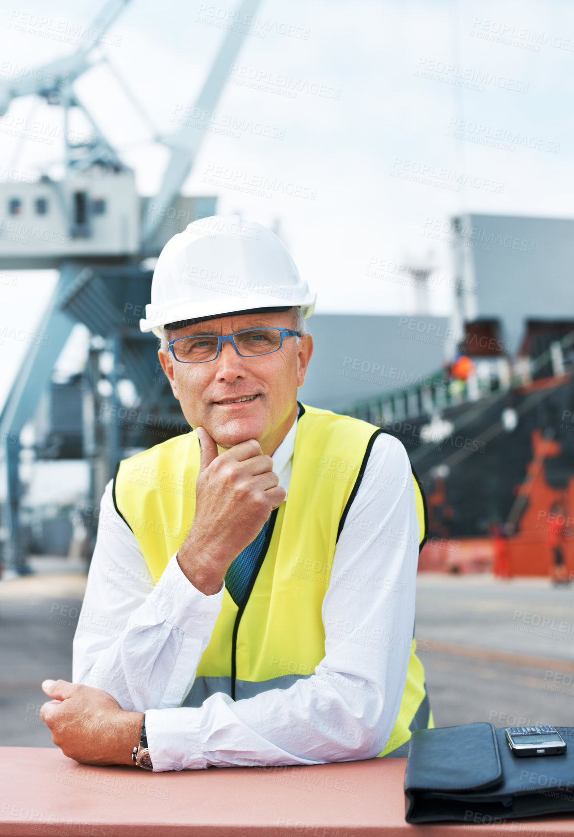 Buy stock photo Happy portrait, logistics and shipping man or manager smile on port with container, cargo or construction site. Manufacturing, supply chain or freight senior leader or person for industrial business