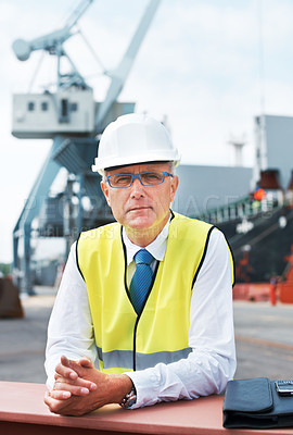 Buy stock photo A portrait of a customs worker standing in the shipyard