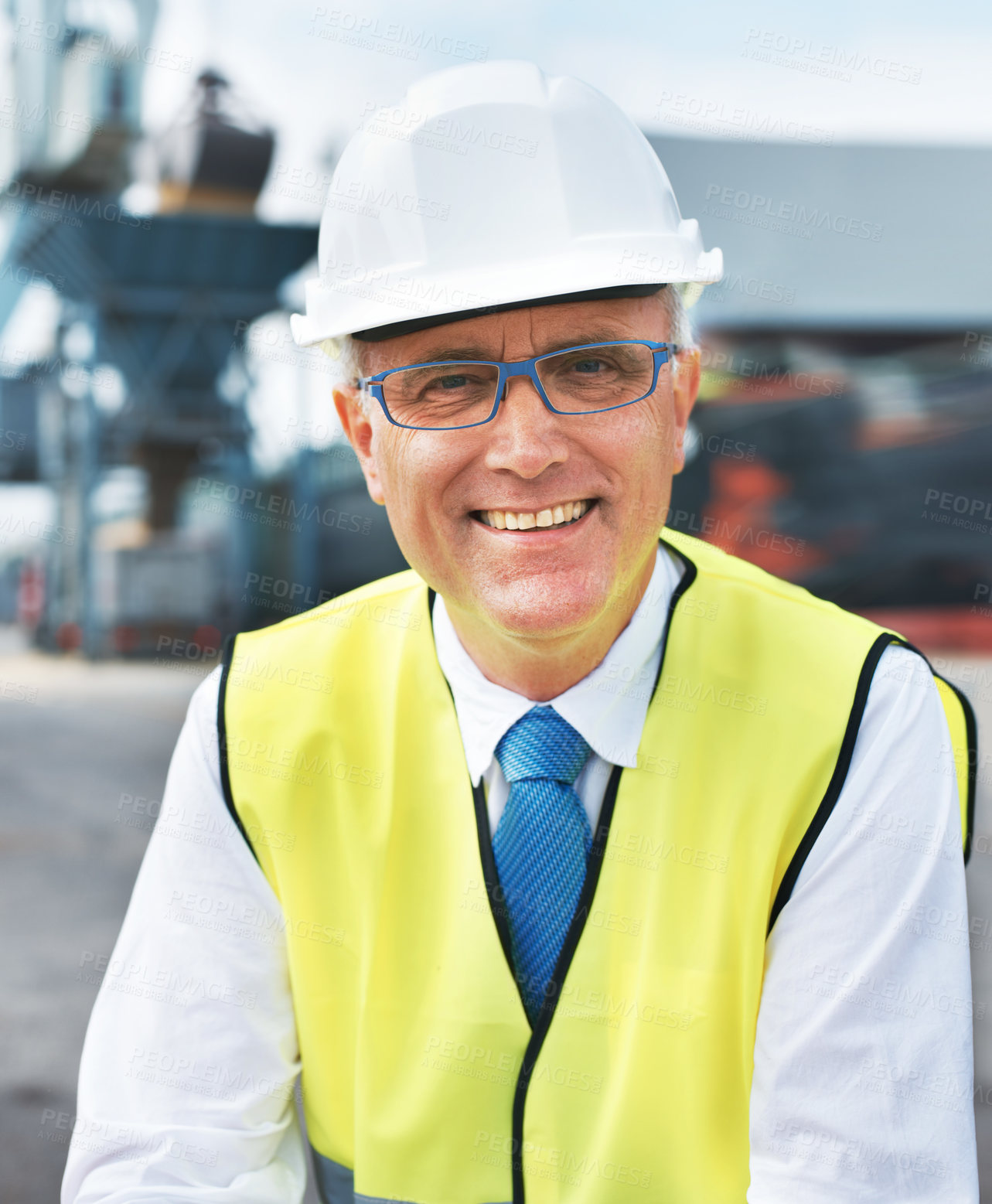 Buy stock photo Construction worker, engineer or logistics manager portrait at a shipping warehouse for manufacturing industry. Happy leader man with a vision, goal or mindset for success in cargo industrial company