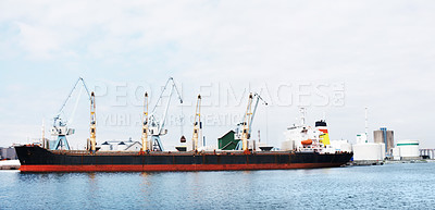 Buy stock photo Shipping, logistics and cargo boat on ocean port in supply chain, global delivery or export industry. Travel and container ship by sea harbor of distribution, manufacturing or factory plant 