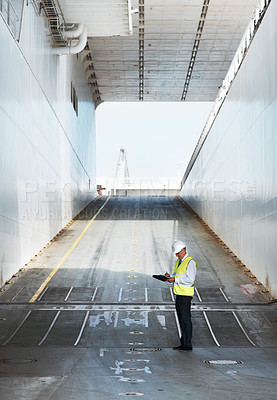 Buy stock photo Shipping, logistics and cargo businessman doing checklist on the interior for container or travel on ship. Supply chain, global delivery and factory warehouse industry manager working on boat 