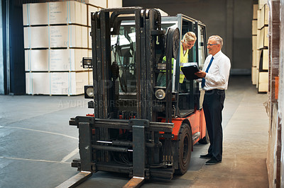 Buy stock photo Manager planning forklift logistics with factory employee for supply chain, industrial shipping and warehouse manufacturing. Cargo truck machine for industry container, production and freight storage