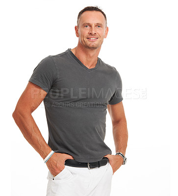 Buy stock photo Portrait, man and smile with style, fashion and handsome guy isolated on white studio background. Muscular male, gentleman and trendy outfit for confidence, cool and happiness for summer and relax