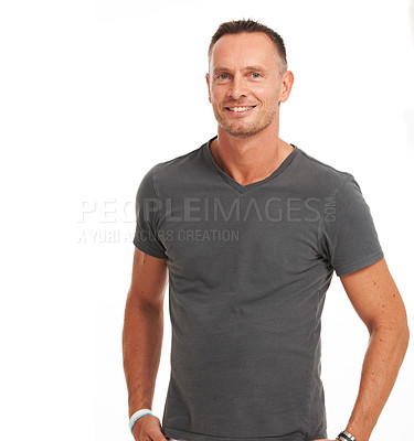 Buy stock photo Senior man, portrait and happy in studio, white background and mockup space in Australia. Happy face, handsome and confident guy, male model and relax with happiness, healthy body or mock up backdrop