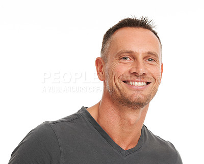 Buy stock photo Mature man, portrait and smile with mockup background, studio space and trust in Australia. Happy face, headshot and confident guy, male model and relax with happiness, marketing and mock up backdrop