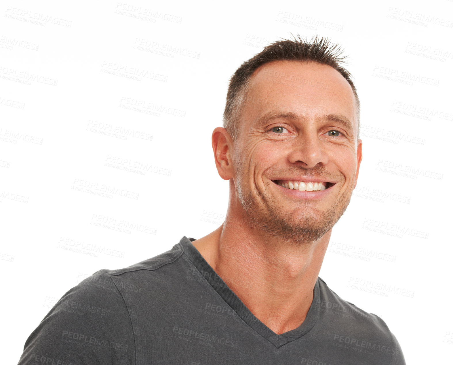 Buy stock photo Mature man, portrait and smile with mockup background, studio space and trust in Australia. Happy face, headshot and confident guy, male model and relax with happiness, marketing and mock up backdrop