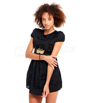 Buy stock photo Black woman, fashion model and portrait of a person with natural hair, youth and designer clothing. Cool, calm and beauty of a african female with afro hairstyle with mockup and stylish dress design