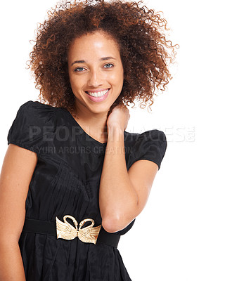 Buy stock photo Fashion, beauty and portrait of black woman with skincare, cosmetics and natural makeup. Afro, aesthetic salon hair and face of Brazil fashion model with designer clothes on white background studio