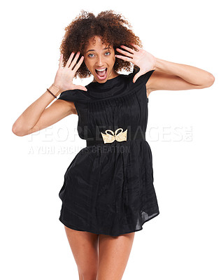 Buy stock photo Surprised face portrait, black woman or afro and hands up in fashion party dress, trendy clothes or style clothing. Shocked, model or wow facial expression on studio white background and mockup space